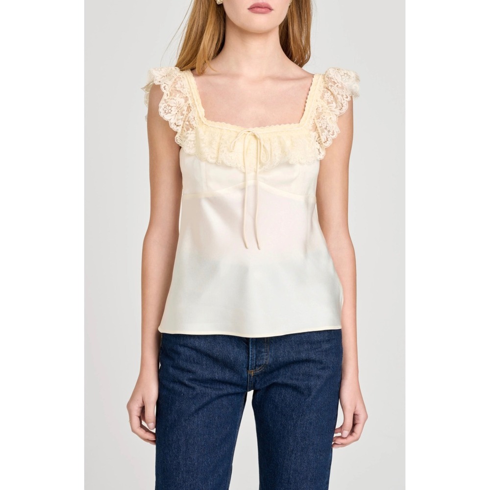 WAYF Ella Lace Trim Satin Camisole Ivory Cream Coquette Top Size M